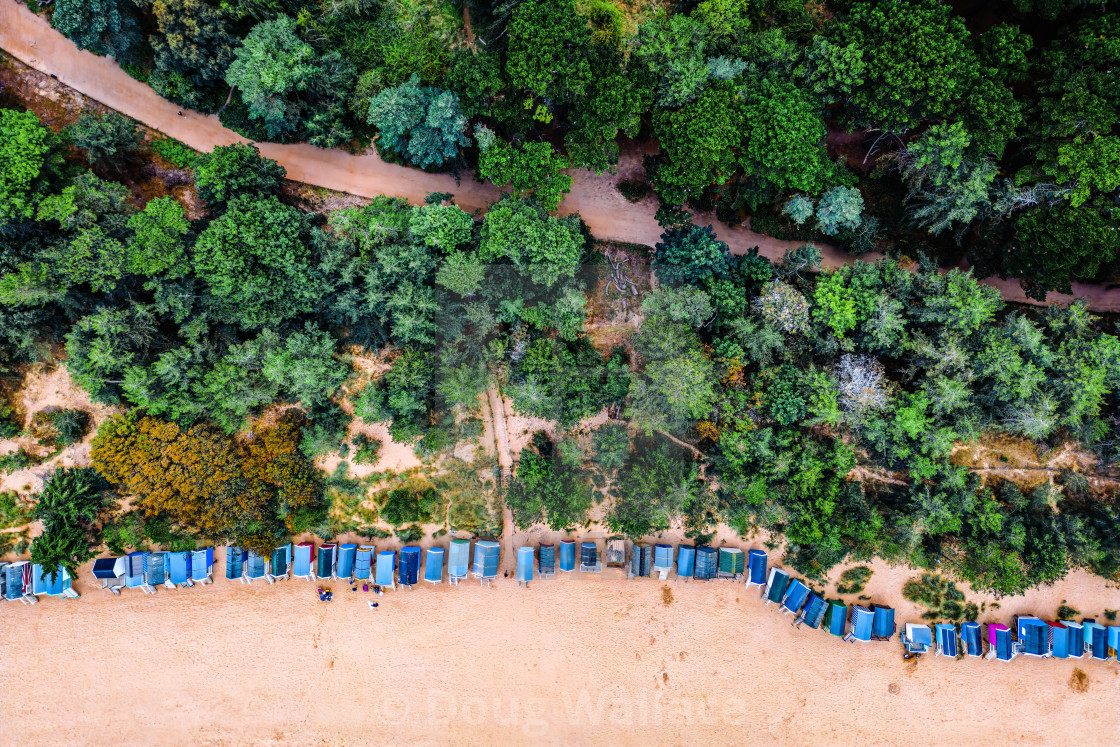 "Aerial view of Beach Huts from Wells-next-the-Sea, Norfolk UK." stock image