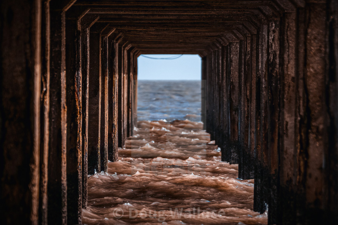 "Felixstowe Pier Columns, Suffolk UK." stock image