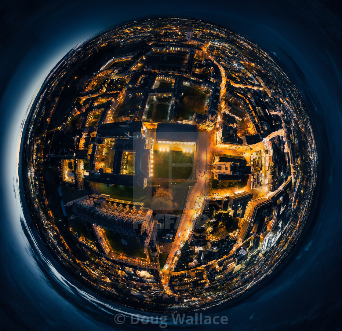 "Night-time Fish Eye Panorama of Cambridge City Centre, Cambridge UK." stock image