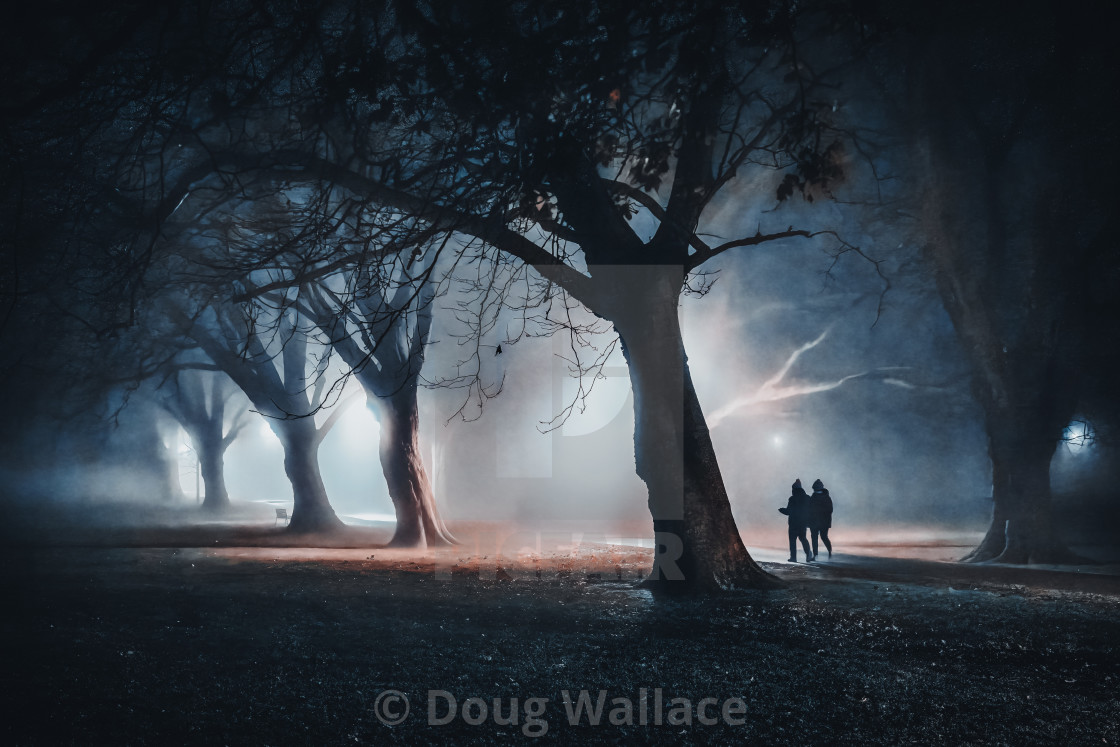 "A foggy evening walk, Jesus Green, Cambridge UK" stock image