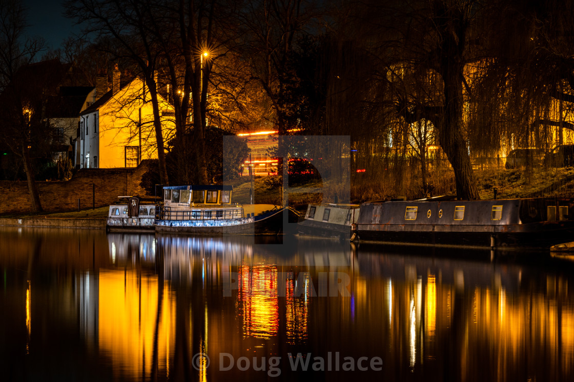 "Night Reflections from The River Cam, Cambridge, UK." stock image