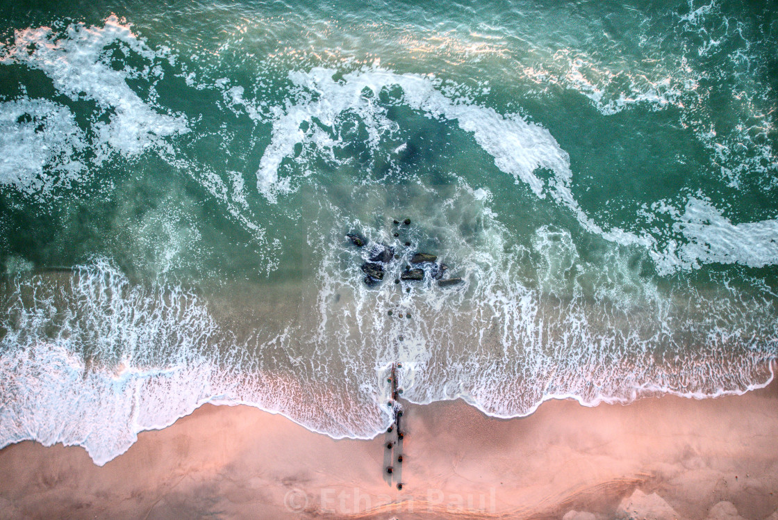 "Sunrise Waves Crashing on Jetty 4" stock image