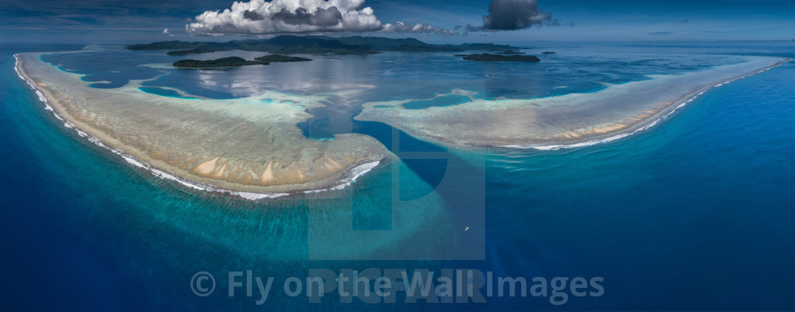 "Tiny dive boat Mwand Pass, Pohnpei, FSM" stock image