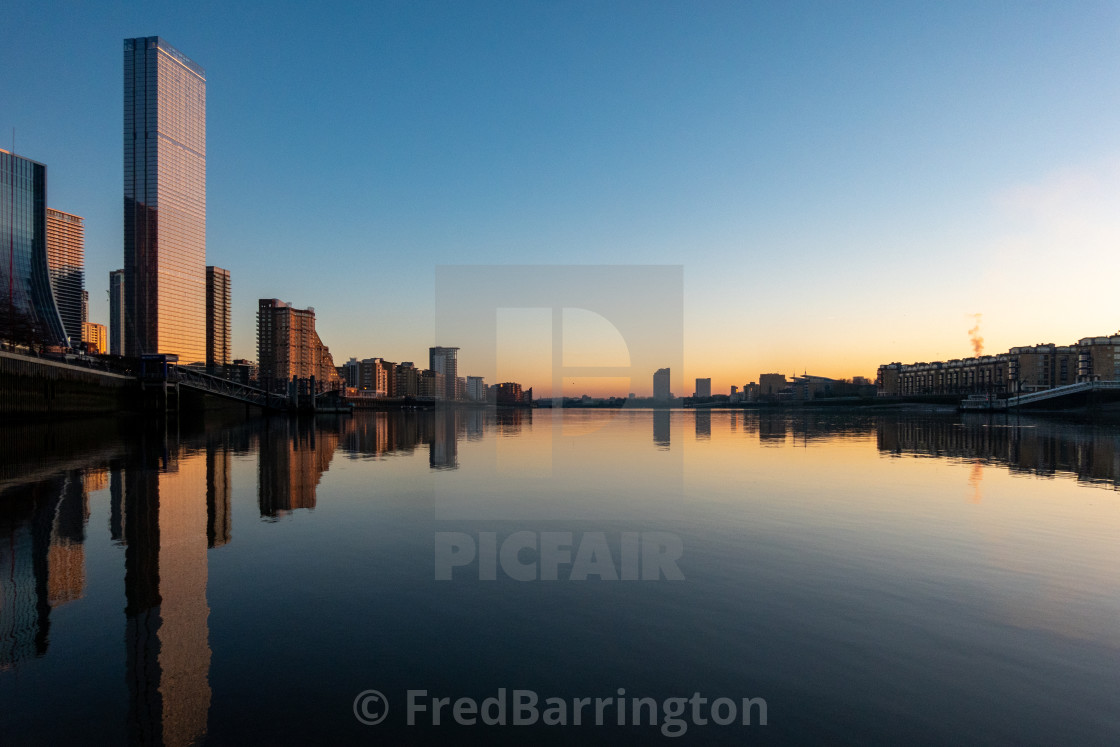 "Sunset over Canary Wharf and Isle of Dogs" stock image