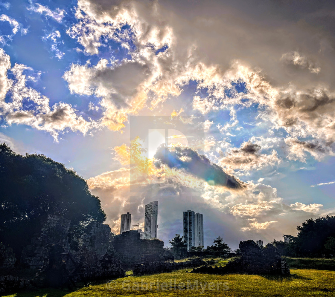 "Panama Viejo, Old Panama, Storm Clouds and Sun, 2023" stock image