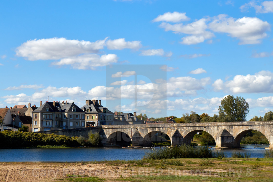 "View across La Vieille Loire to Decize from West Bank, Loire Valley, France" stock image