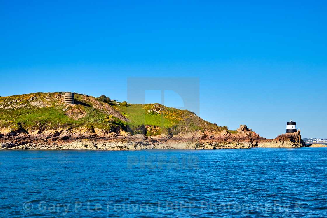 "Image of Noirmont Point with headland, martello tower and ww2 bunker, Jersey Channel Islands" stock image