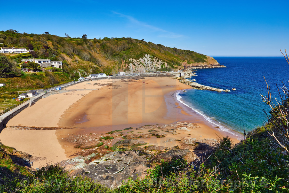 "La Greve de Lecq in the morning summer sunshine" stock image