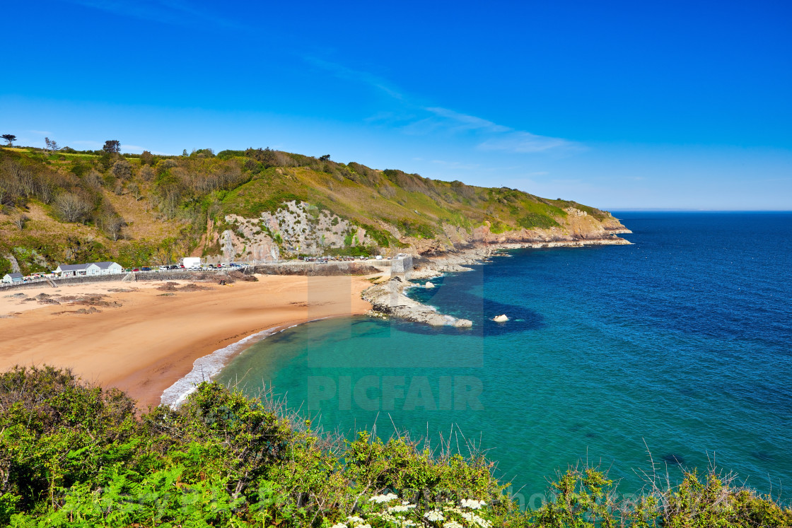 "La Greve de Lecq in the morning summer sunshine" stock image