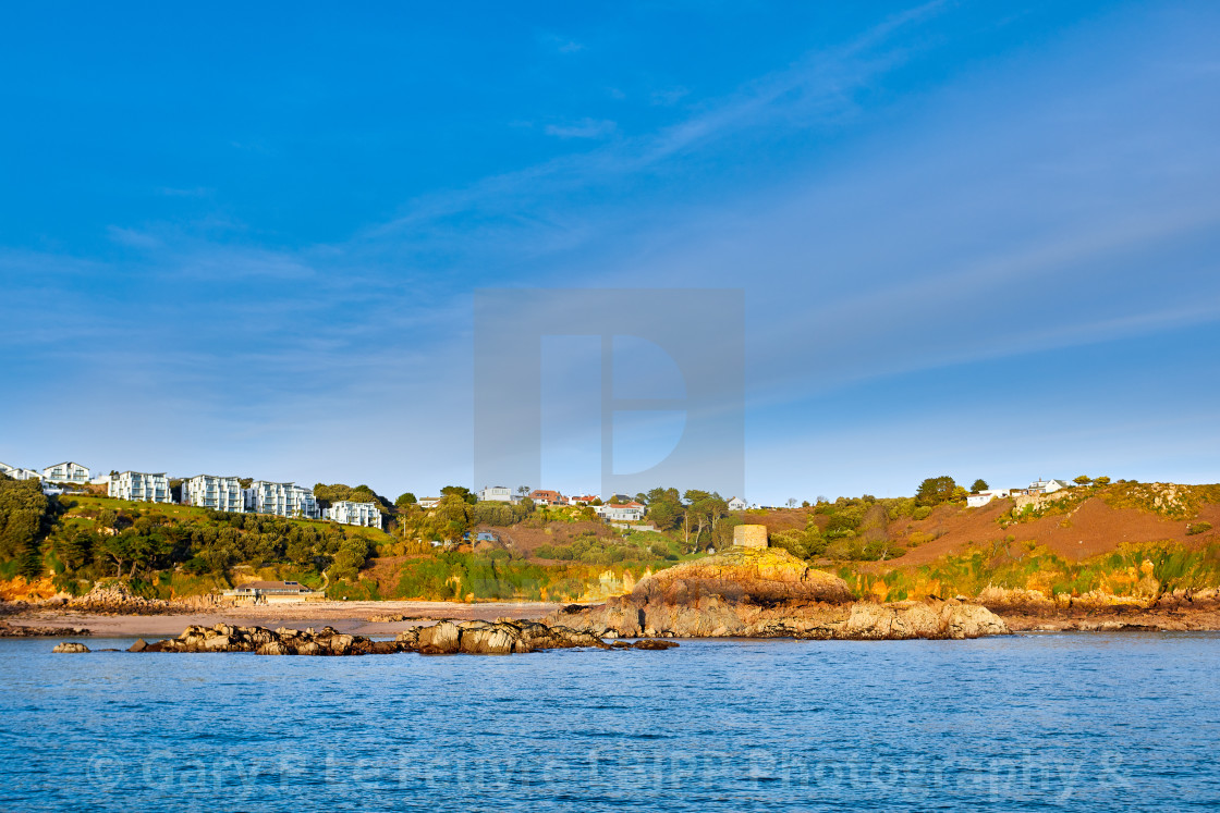 "La Portelet bay with Janvrin's Tomb" stock image