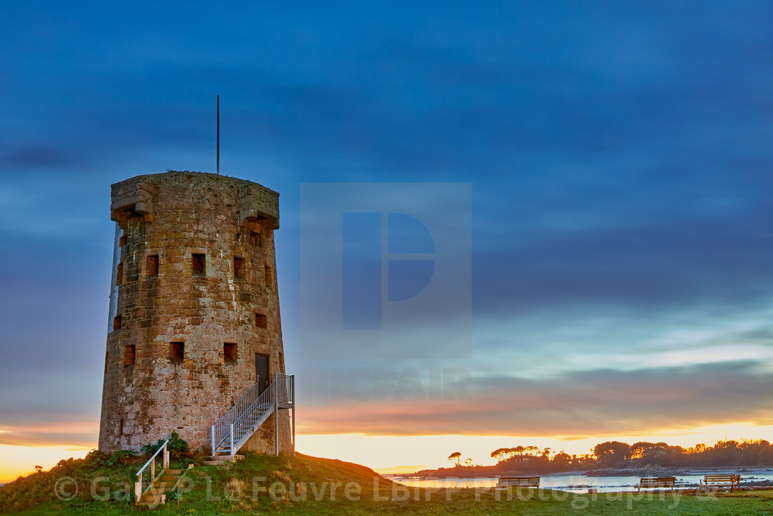 "Le Hocq, Jersey Tower at sunset" stock image