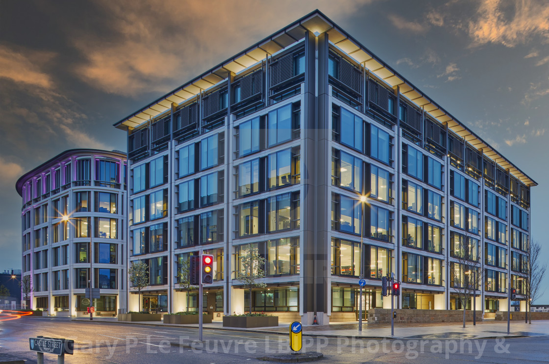 "Image of IFC1 & IFC5, (International Finance Centre), in the evening, St Helier, Jersey CI - Editorial Usage Only" stock image