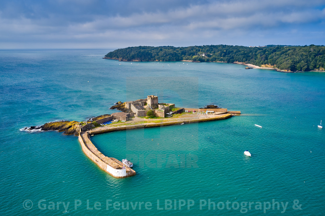 "Aerial drone image of St Aubn's Fort at high tide in the sunshine. Jersey Channel Islands" stock image