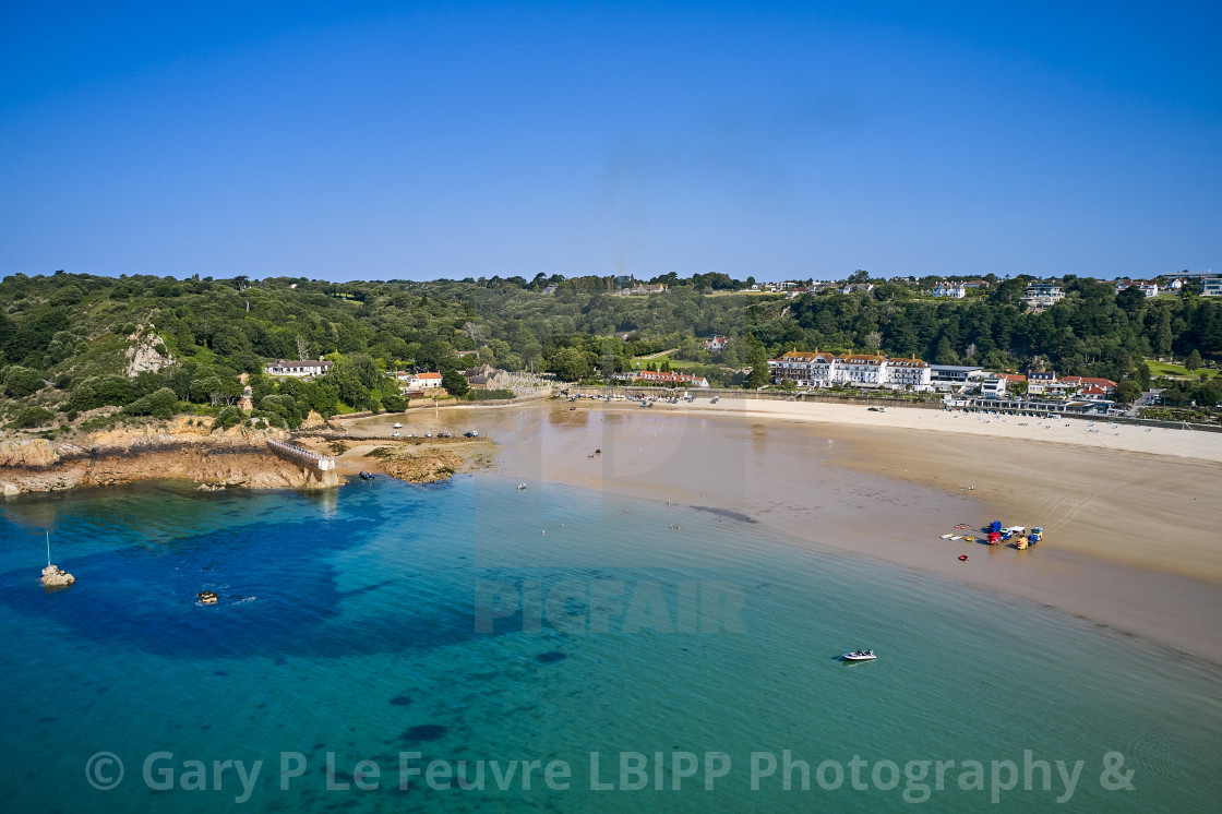 "Aerial drone image of part of St Brelades" stock image