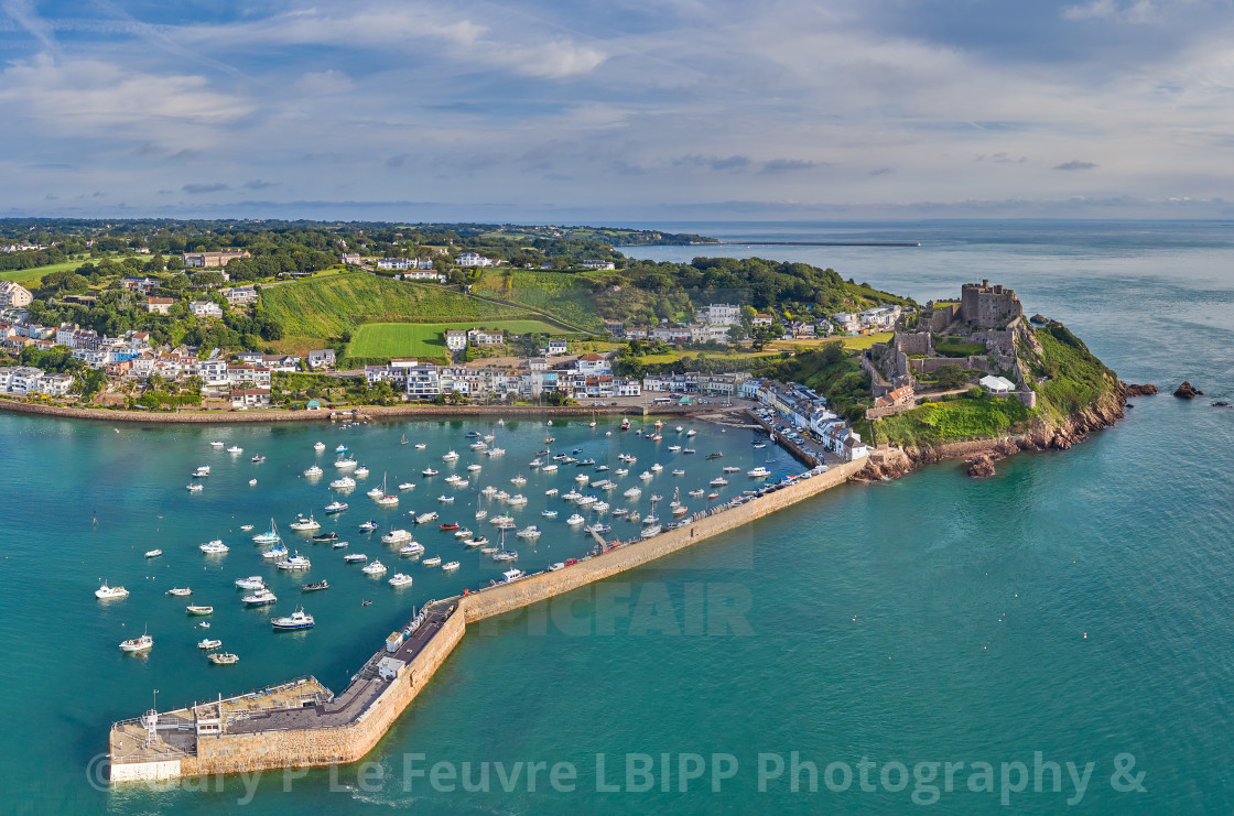 "Aerial view of Gorey Harbour at high tide" stock image