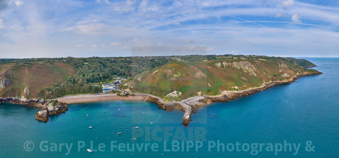 "Panoramic aerial drone view of Bouley Bay, Jersey, Channel Islands" stock image