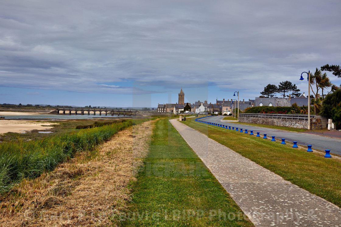 "Image of Port Bail, Normandy, France with walk, bridge and church." stock image