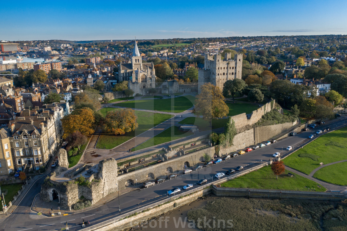 "Rochester Castle and Cathedral aerial photo" stock image