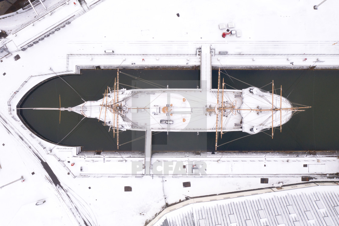 "HMS Gannet in snow" stock image