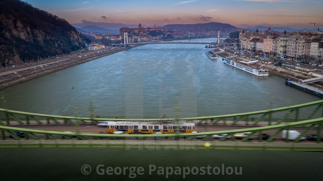 "Tram in Liberty bridge in Budapest" stock image