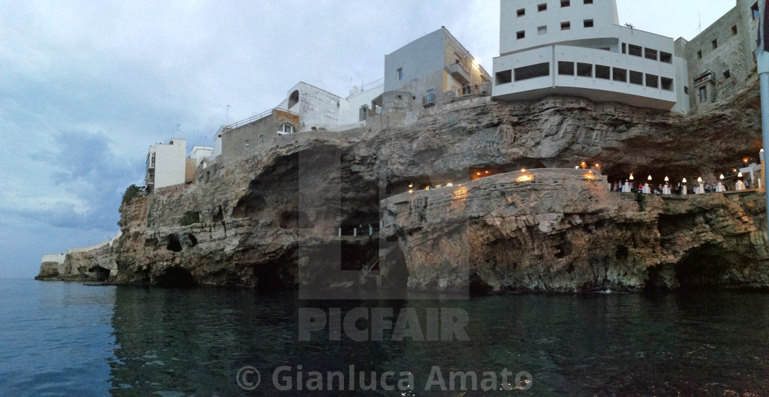 "Polignano a Mare - Panoramica di Grotta Palazzese dal mare" stock image