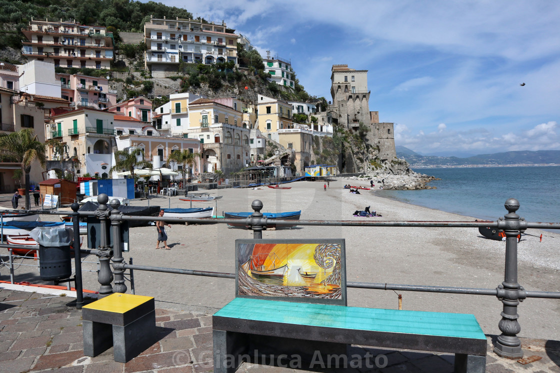 "Cetara - Panchina d'autore presso la Spiaggia della Marina" stock image