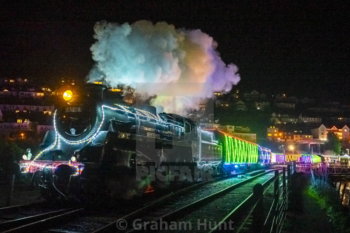 "Christmas Train of Lights at Dartmouth Steam Railway, Devon, UK" stock image