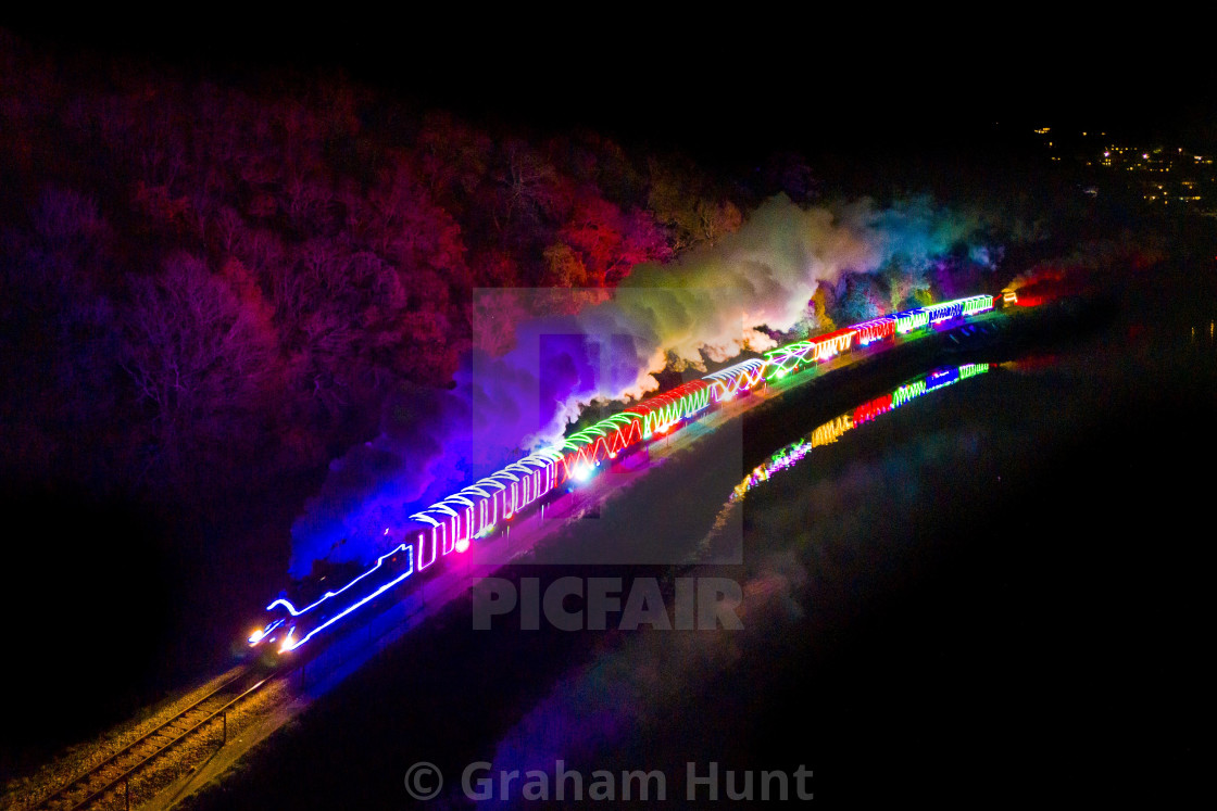 "Christmas Train of Lights at the Dartmouth Steam Railway, Kingswear, Devon, UK" stock image