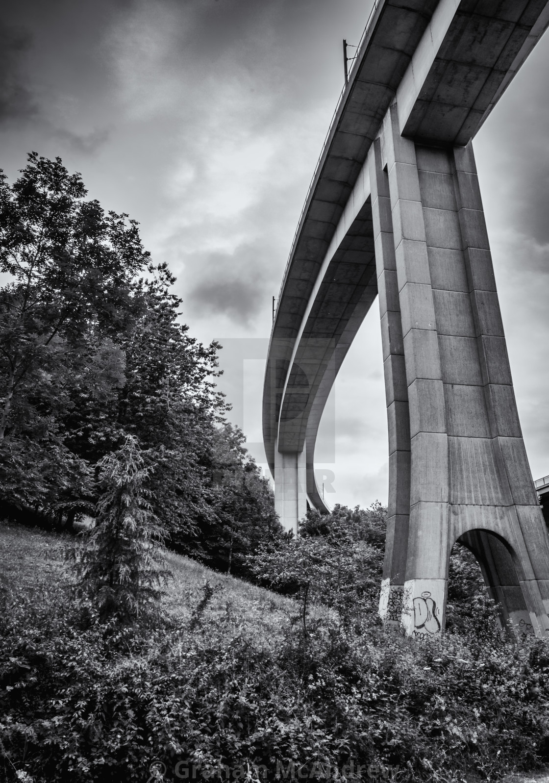 "Monochrome, Concrete flyover in parkland setting" stock image