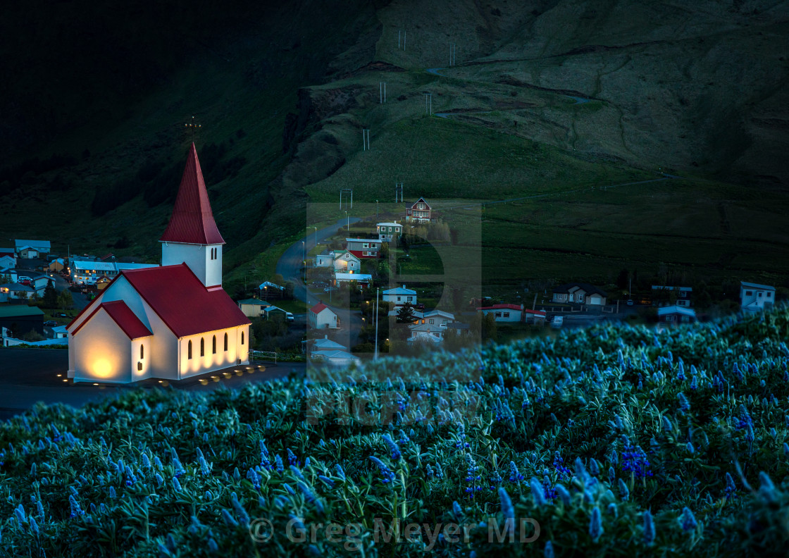 "Night photo of church in Vik, Iceland." stock image