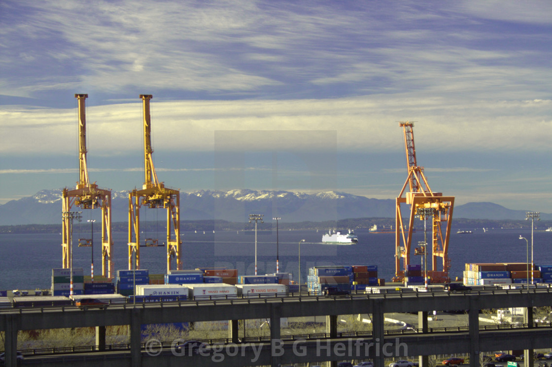 "Seattle Marina Loading Cranes Looking West" stock image