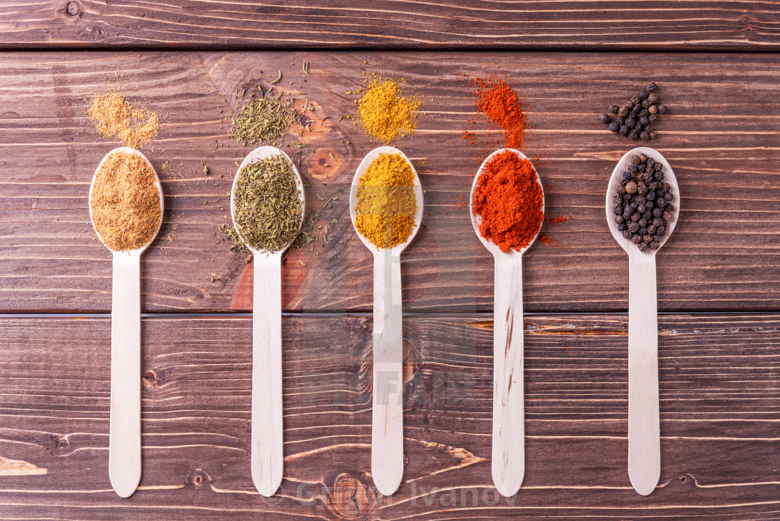 "Set spices in measuring spoon. Cooking and seasoning for taste." stock image