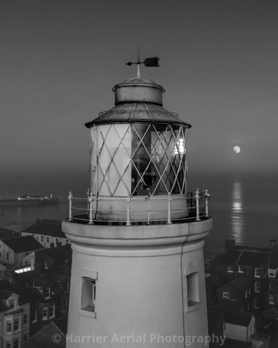 "SNOW BLOOD MOON, SOUTHWOLD LIGHTHOUSE (Black & White)" stock image