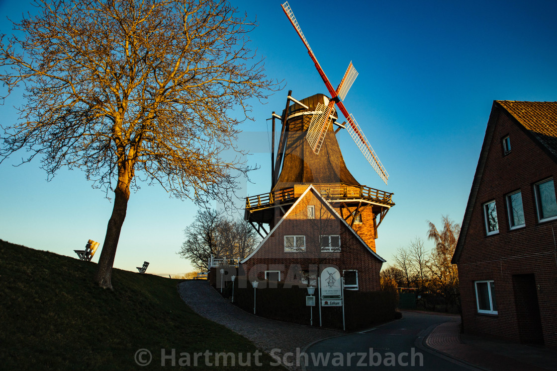 "Historische Mühle hinterm Deich in Jork an der Elbe Historische" stock image