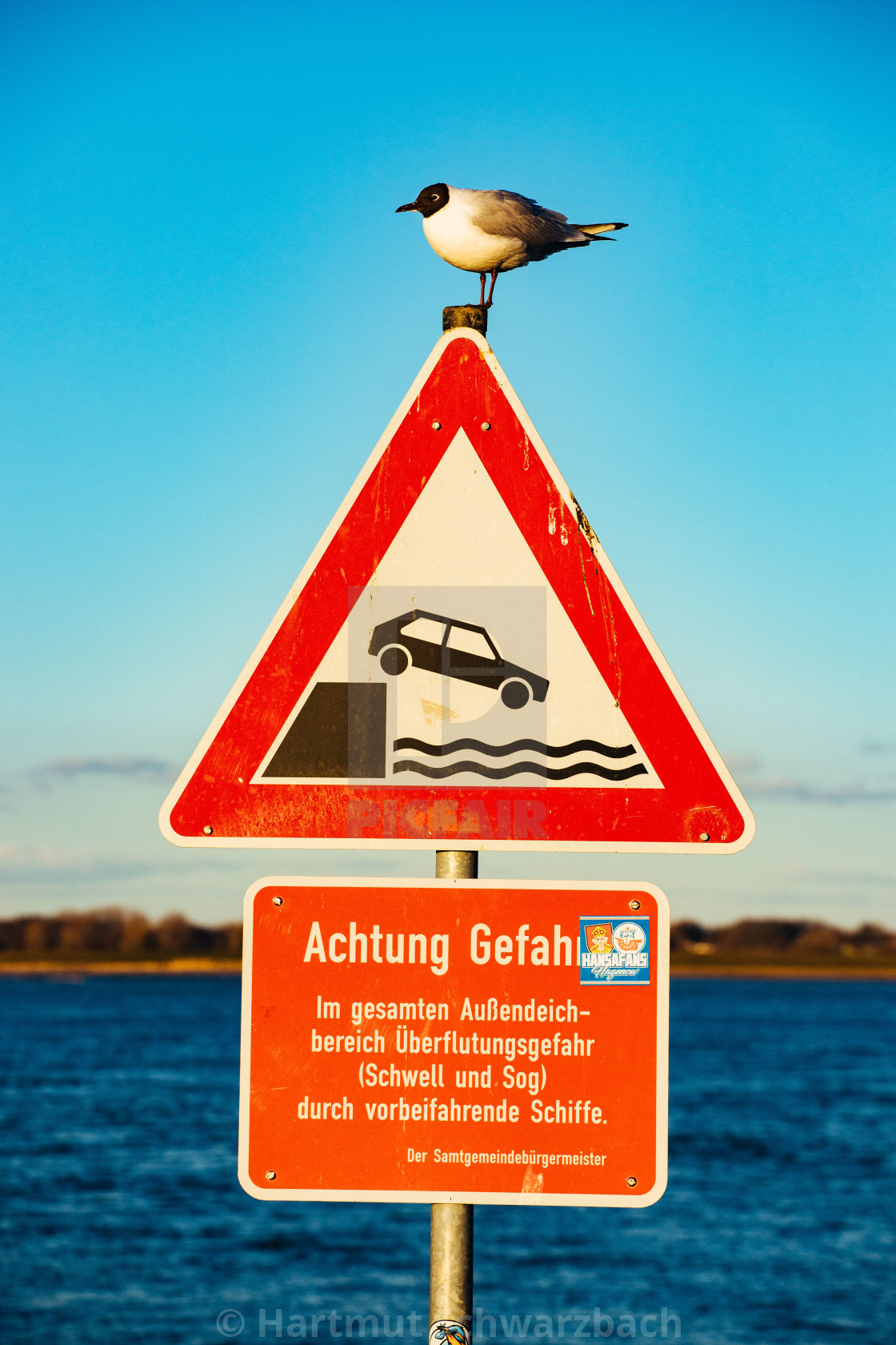 "Lühe Anleger an der Elbe: Schild mit Seevogel" stock image