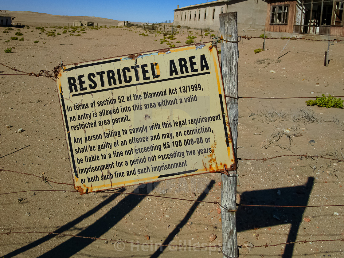 "Restricted Area Sign Kolmannskuppe Access Controlled Diamond Mine Area" by Hein Gillespie - $1.54 "Restricted Area Sign Kolmannskuppe Access Controlled Diamond Mine Area" stock image