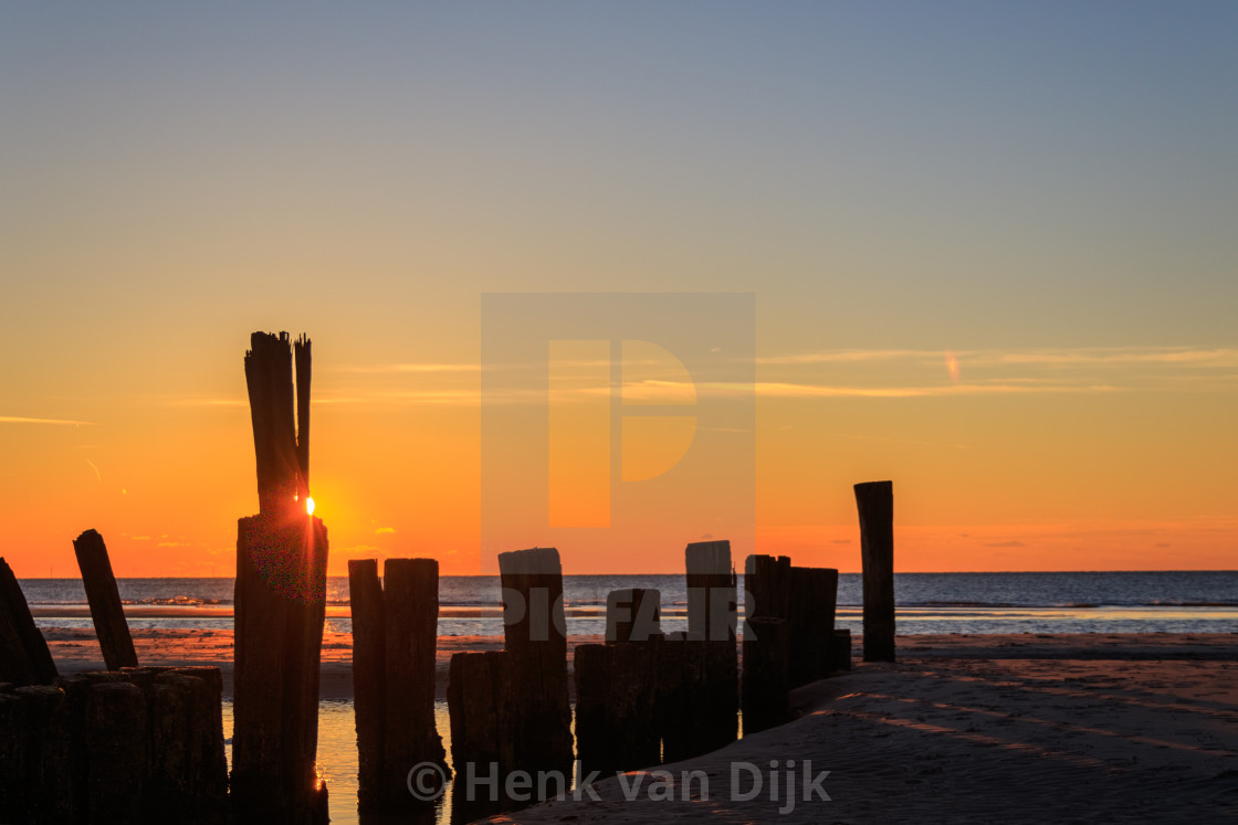 "Wooden breakwater poles at the North Sea during sunset" stock image