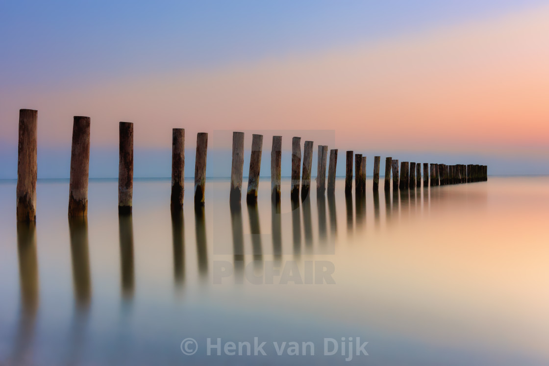 "Colorful sunset at the National Park Nieuw Land - Marker Wadden in The Netherlands" stock image