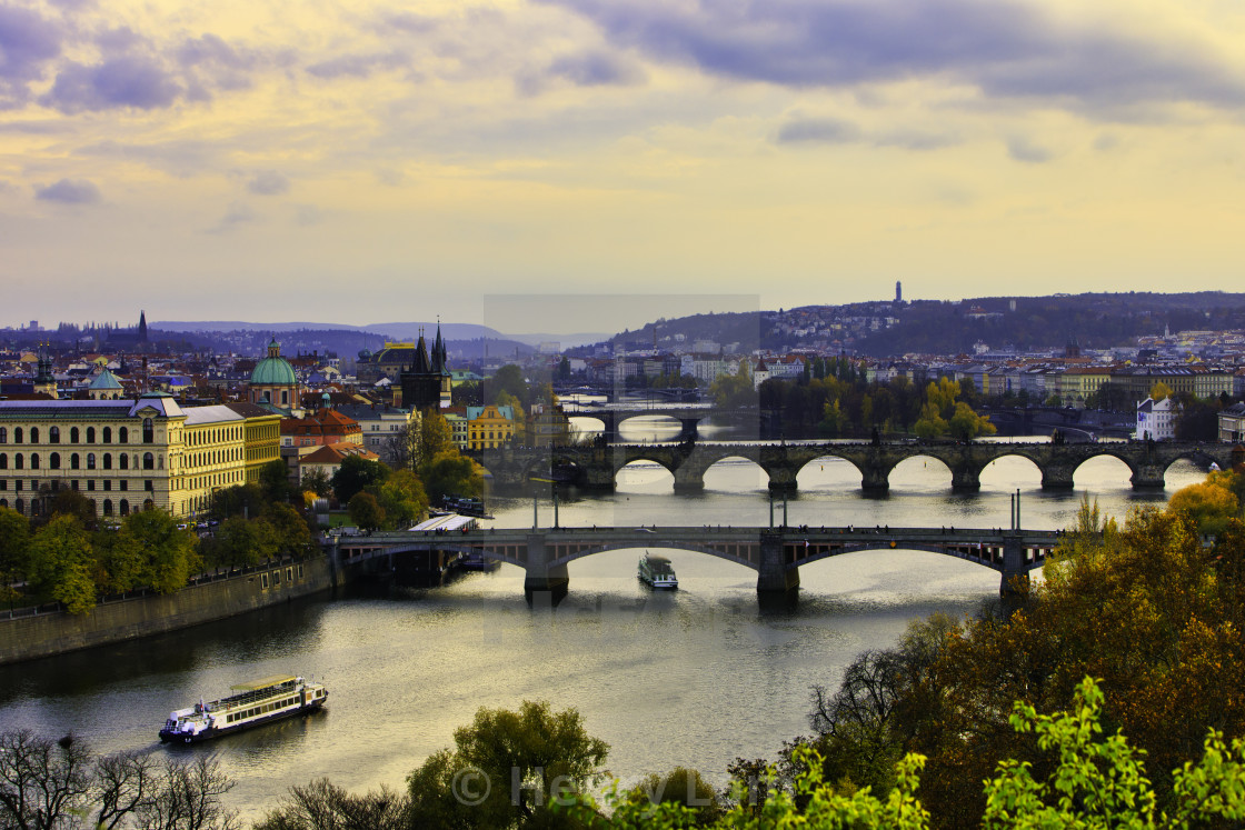 "Beautiful Prague city with the line of Bridges along Vltava River" stock image