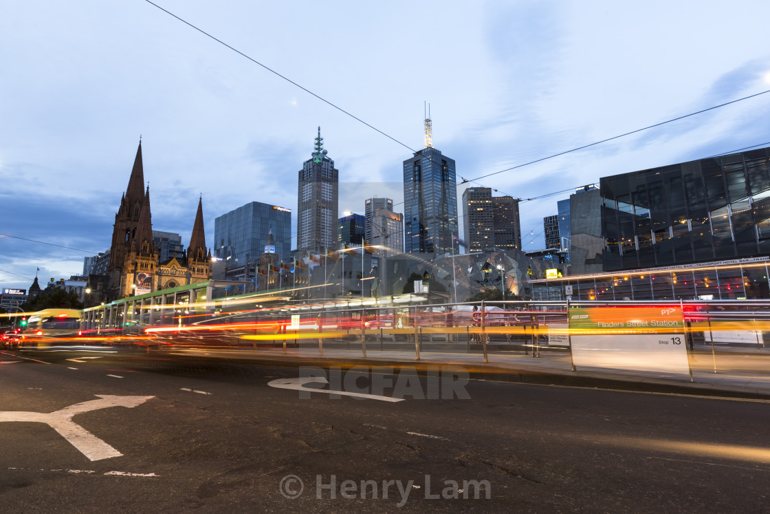 "Melbourne | Melbourne City during blue hour with Street Lights" stock image