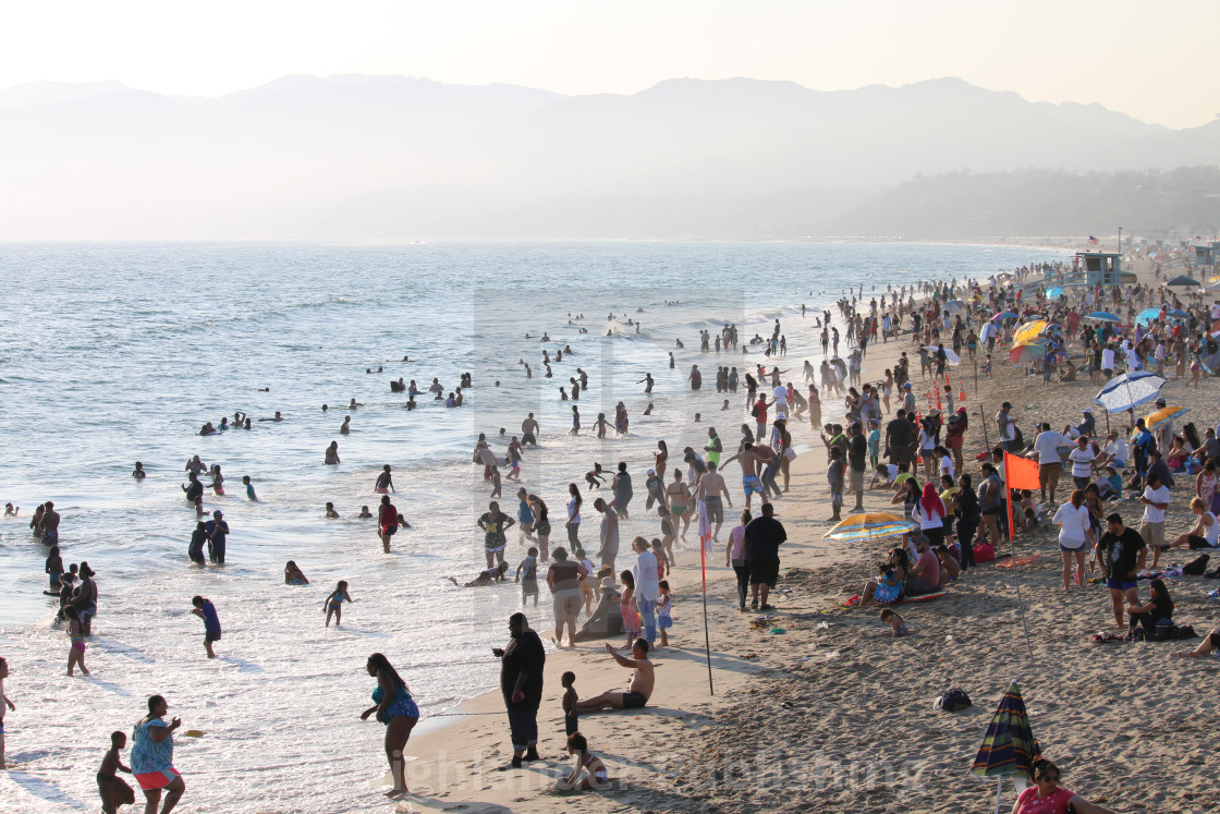 "Crowded Santa Monica Beach at Sunset" stock image