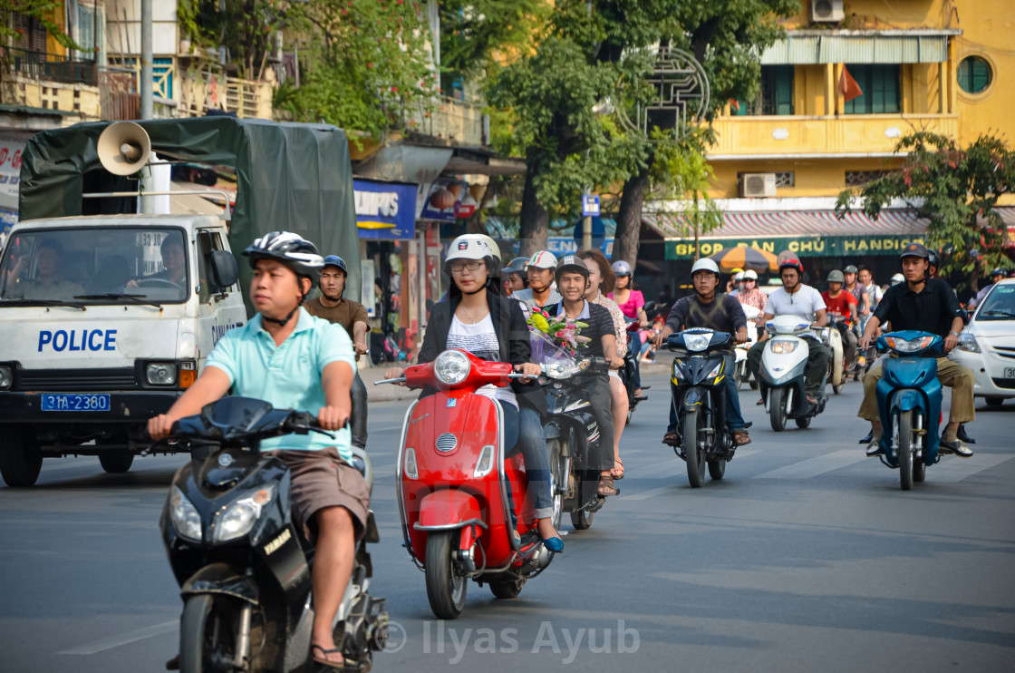 "Motor cyclists in Hanoi, Vietnam" stock image