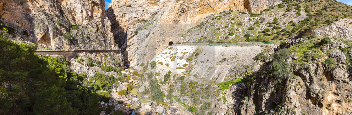 "Beautiful panorama of the mountain valley with cliffs, forest and train tunnel" stock image