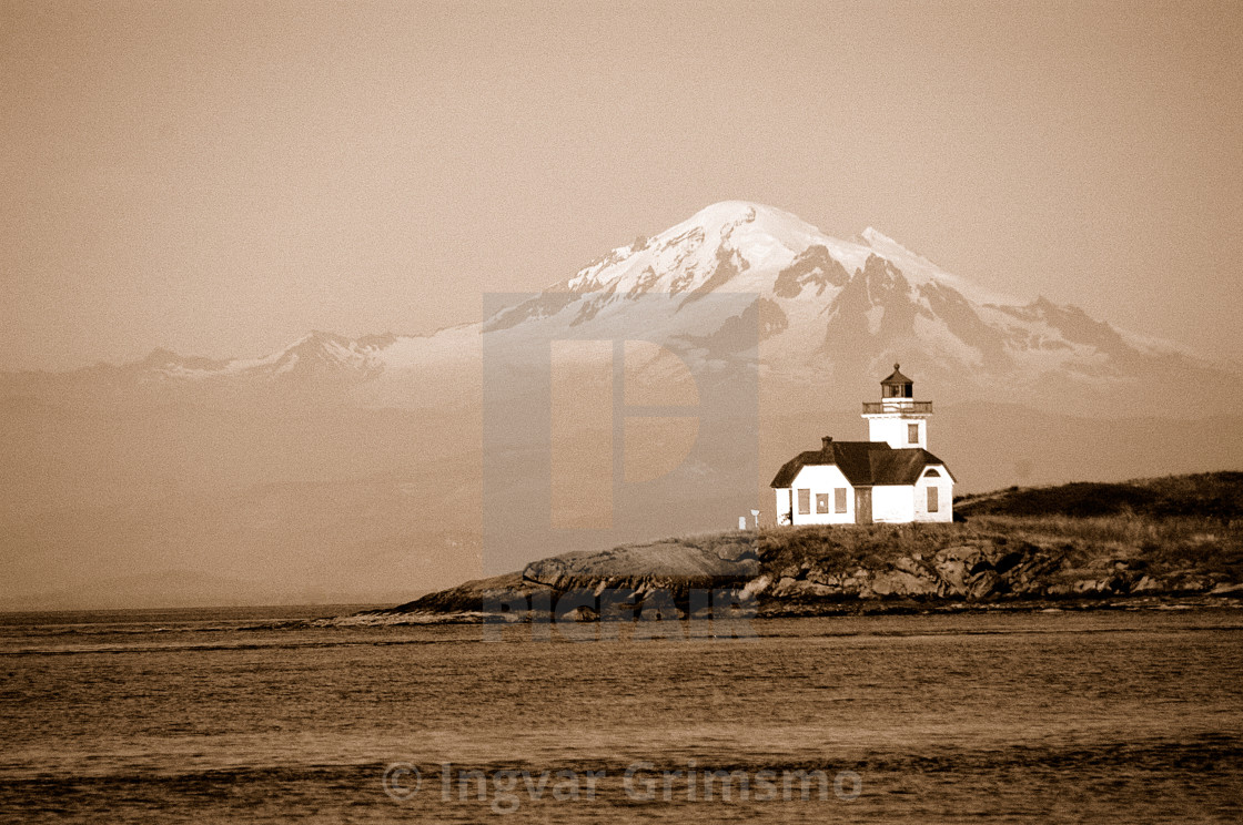 "Mt. Baker in Sepia with Lighthouse" stock image