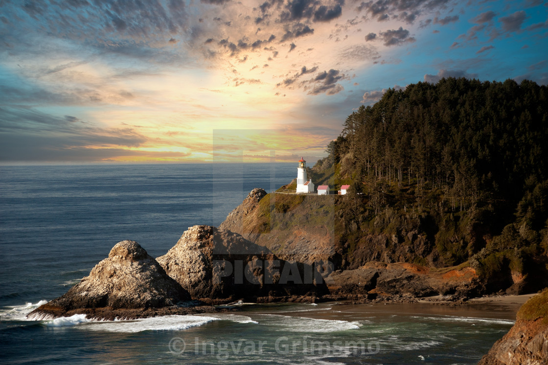 "Oregon Lighthouse at Sunset" by Ingvar Grimsmo - $19.04 "Oregon Lighthouse at Sunset" stock image