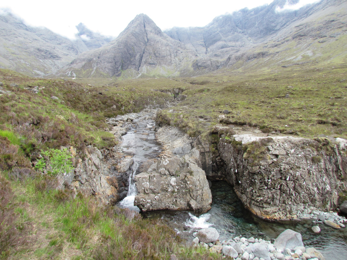 "Misty hills at the Fairy pools" stock image