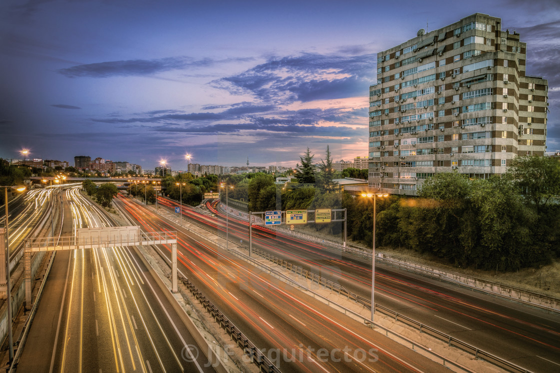 "Sunset on M30 highway of Madrid" stock image