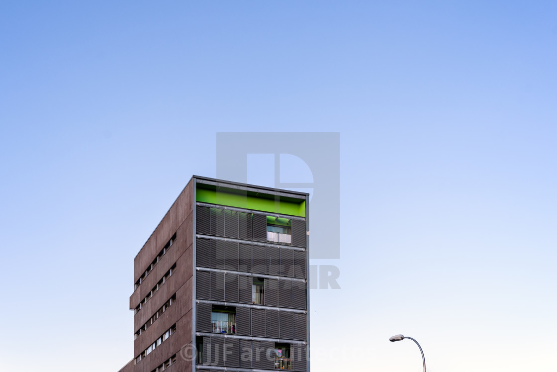 "New contemporary residential building exterior in the daylight in Sanchinarro in Madrid" stock image