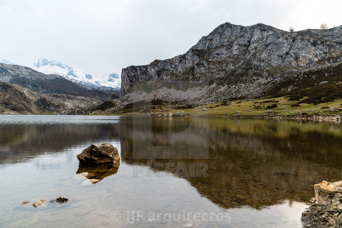 "View of lakes of Covadonga sunset, Asturias" stock image