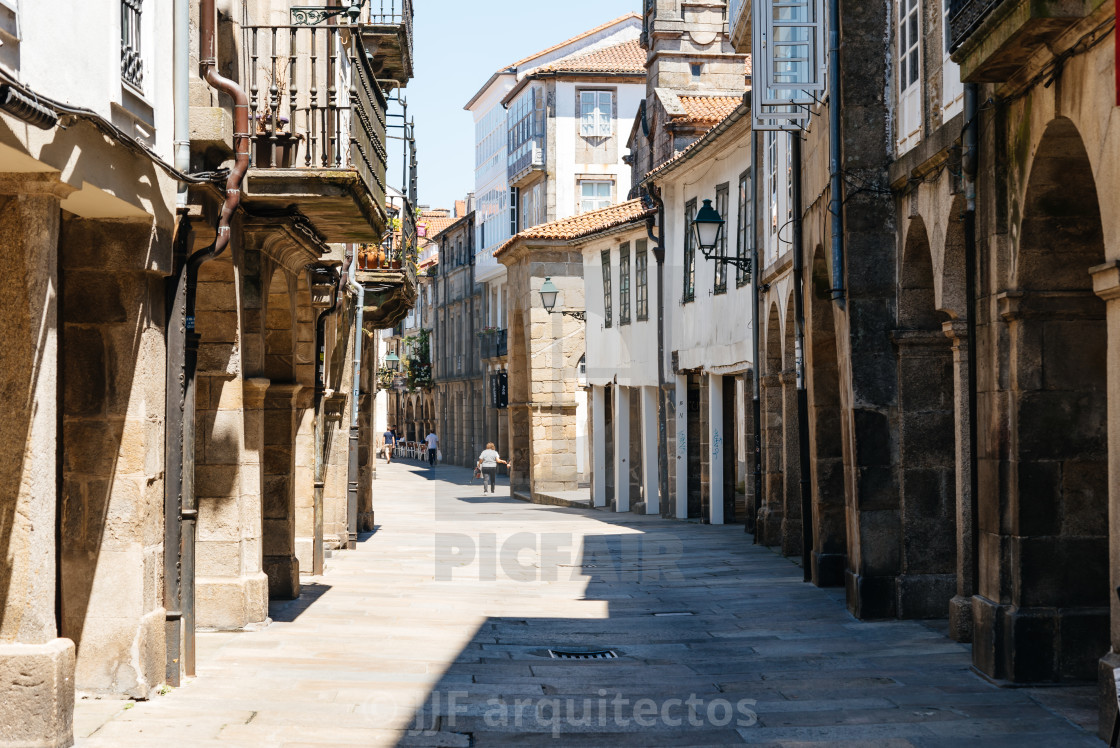 "Old street with arcades in Santiago de Compostela" stock image